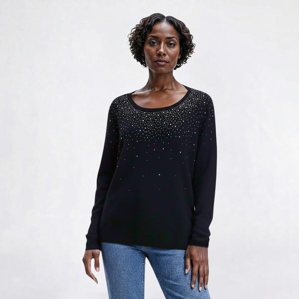 Womens Cable & Gauge Long Sleeve Rhinestone Round Neck Sweater